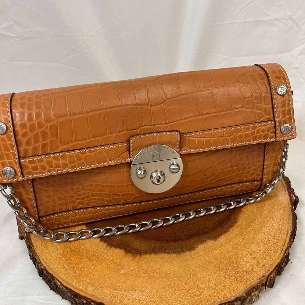 Cognac Croc-Embossed Leather Shoulder Bag with Silver Chain